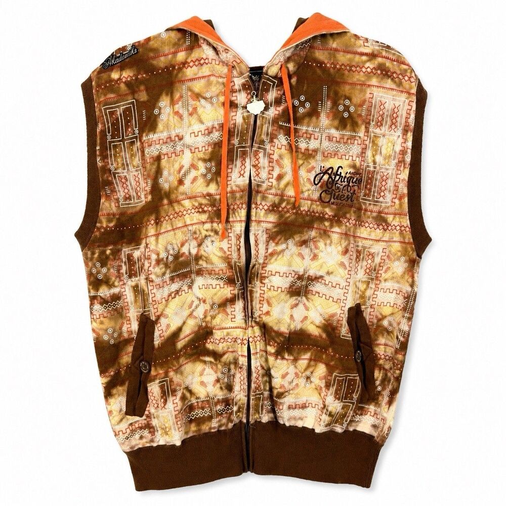 Akademiks Men’s XL Afrique Quest Y2K Hooded Vest Full Zip Tribal Streetwear